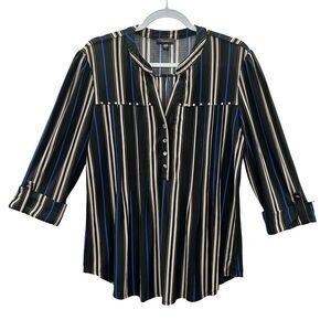 COCOMO Black Blue Tan Striped Studded Pintuck Pleat Roll Tab Sleeve Blouse Top L